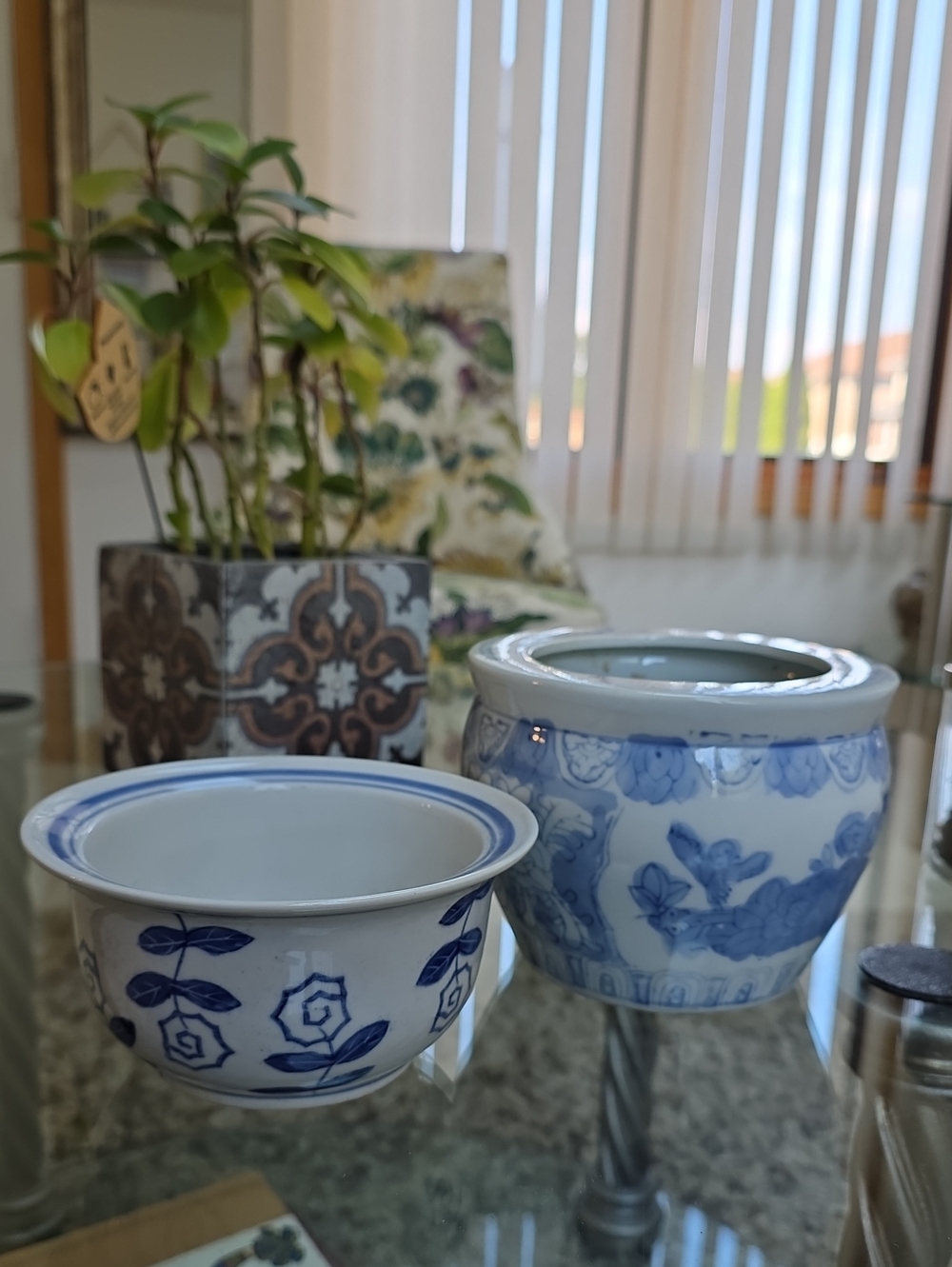 Asian Blue and White Ceramic Planter Pottery  2 Pieces